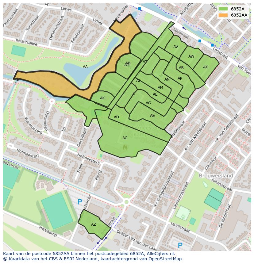 Afbeelding van het postcodegebied 6852 AA op de kaart.