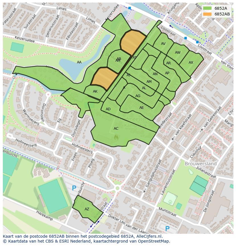 Afbeelding van het postcodegebied 6852 AB op de kaart.