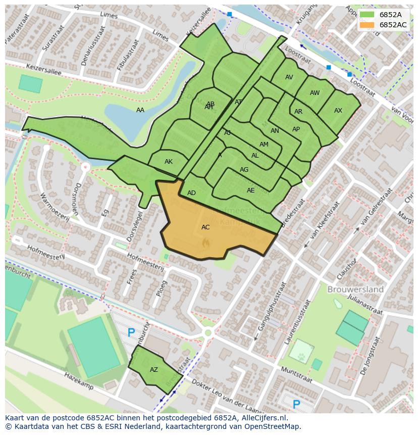 Afbeelding van het postcodegebied 6852 AC op de kaart.