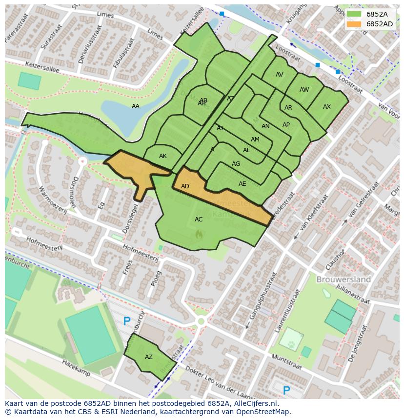 Afbeelding van het postcodegebied 6852 AD op de kaart.
