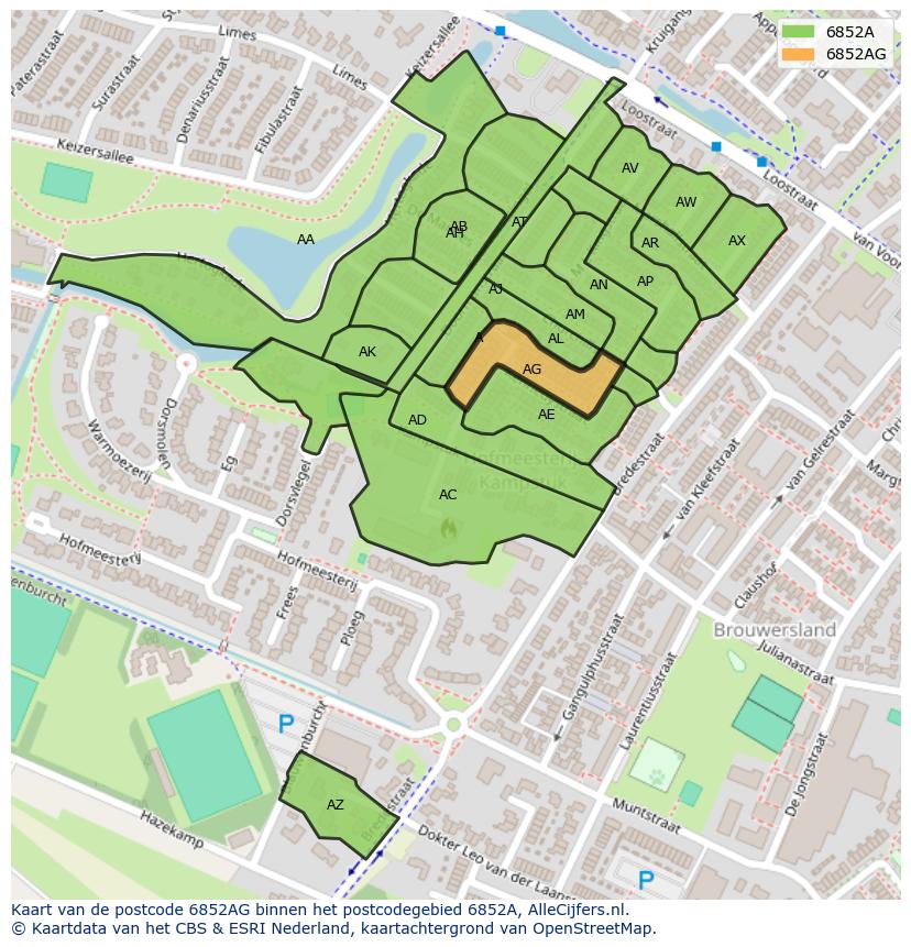 Afbeelding van het postcodegebied 6852 AG op de kaart.