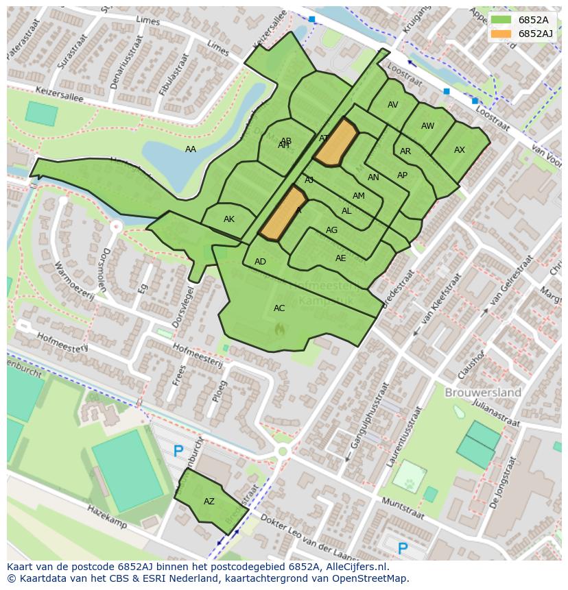 Afbeelding van het postcodegebied 6852 AJ op de kaart.