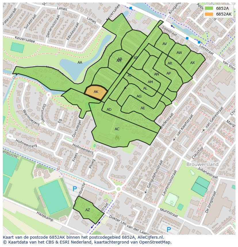 Afbeelding van het postcodegebied 6852 AK op de kaart.