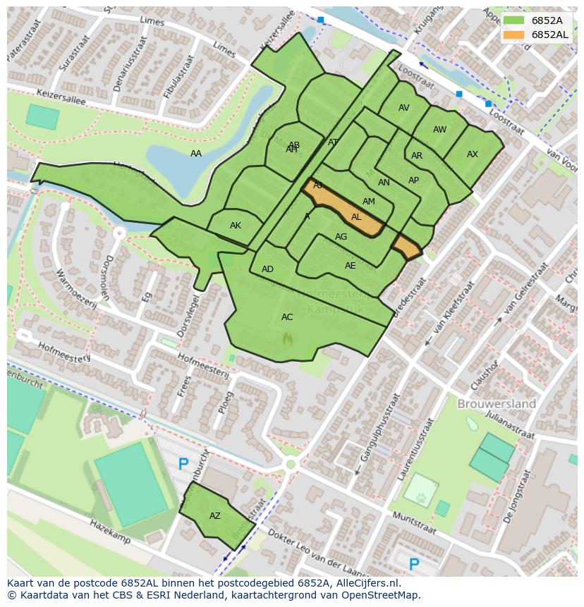 Afbeelding van het postcodegebied 6852 AL op de kaart.