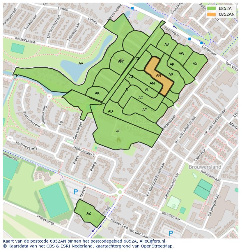 Afbeelding van het postcodegebied 6852 AN op de kaart.