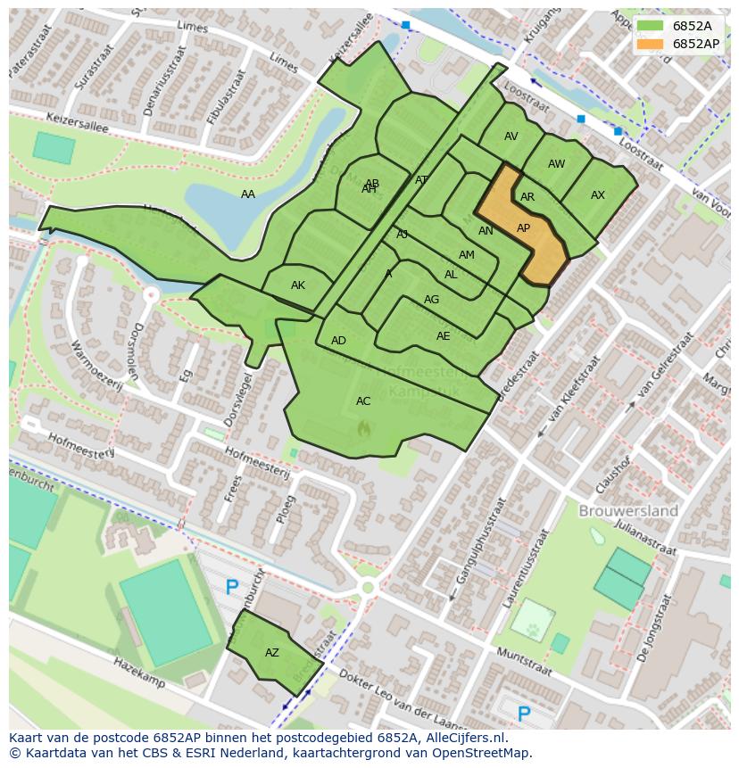 Afbeelding van het postcodegebied 6852 AP op de kaart.