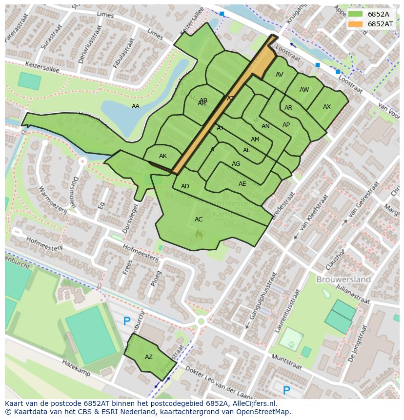 Afbeelding van het postcodegebied 6852 AT op de kaart.