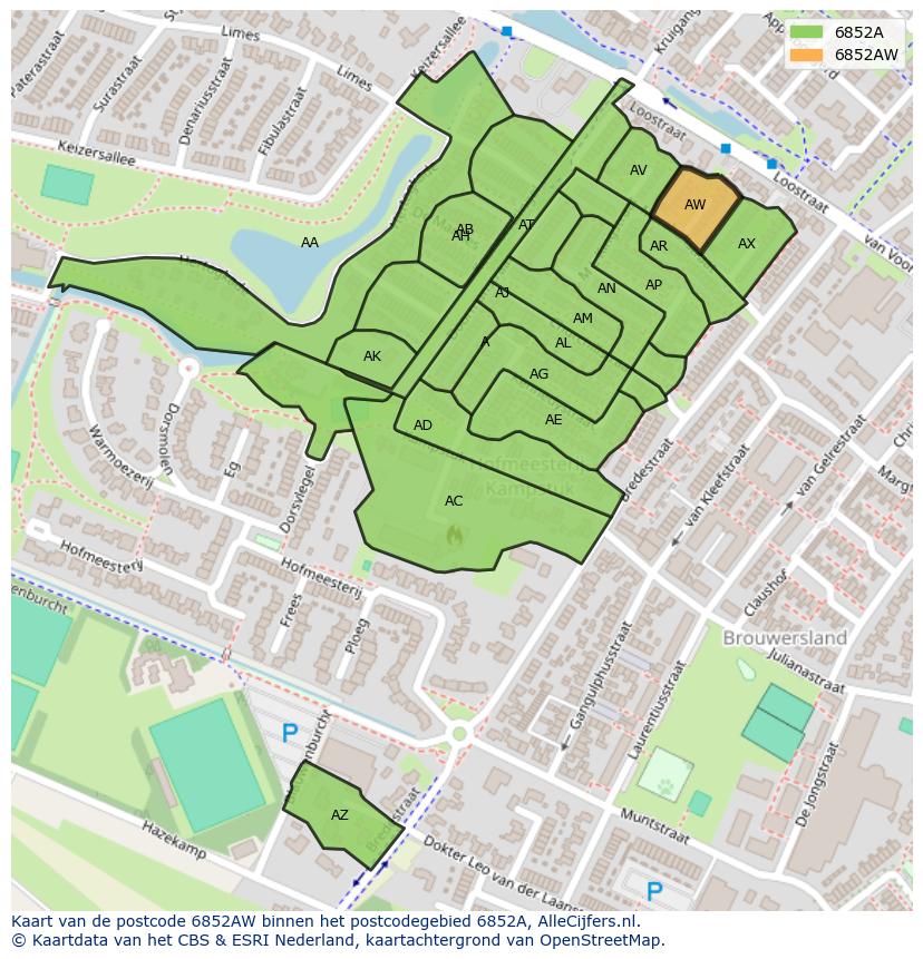 Afbeelding van het postcodegebied 6852 AW op de kaart.