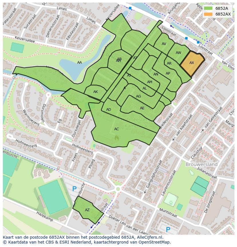 Afbeelding van het postcodegebied 6852 AX op de kaart.