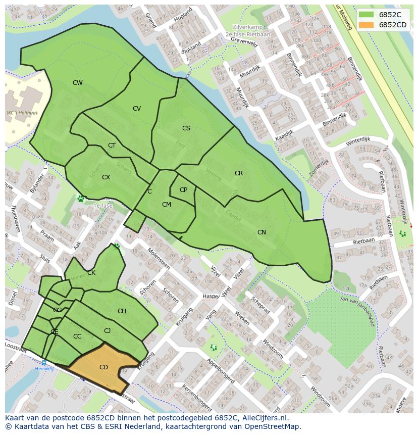 Afbeelding van het postcodegebied 6852 CD op de kaart.