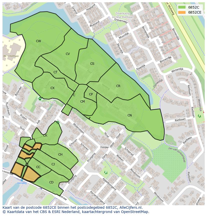 Afbeelding van het postcodegebied 6852 CE op de kaart.