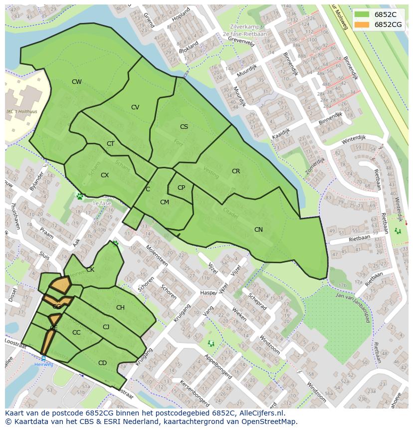 Afbeelding van het postcodegebied 6852 CG op de kaart.