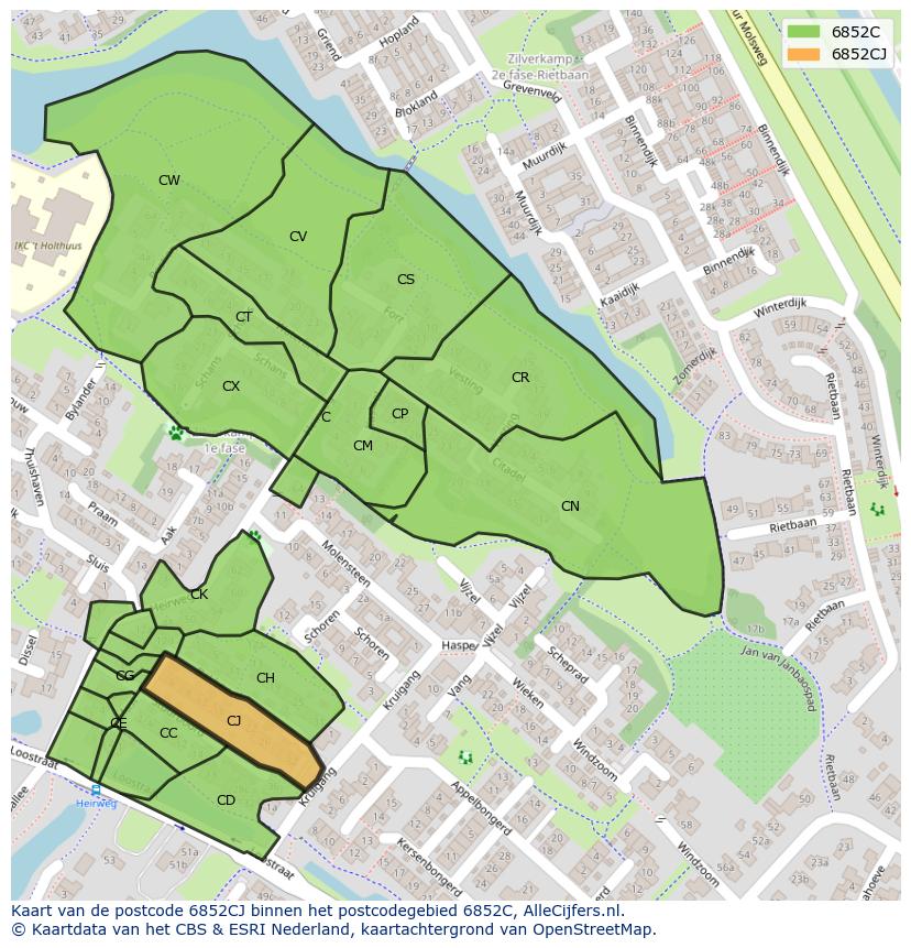 Afbeelding van het postcodegebied 6852 CJ op de kaart.