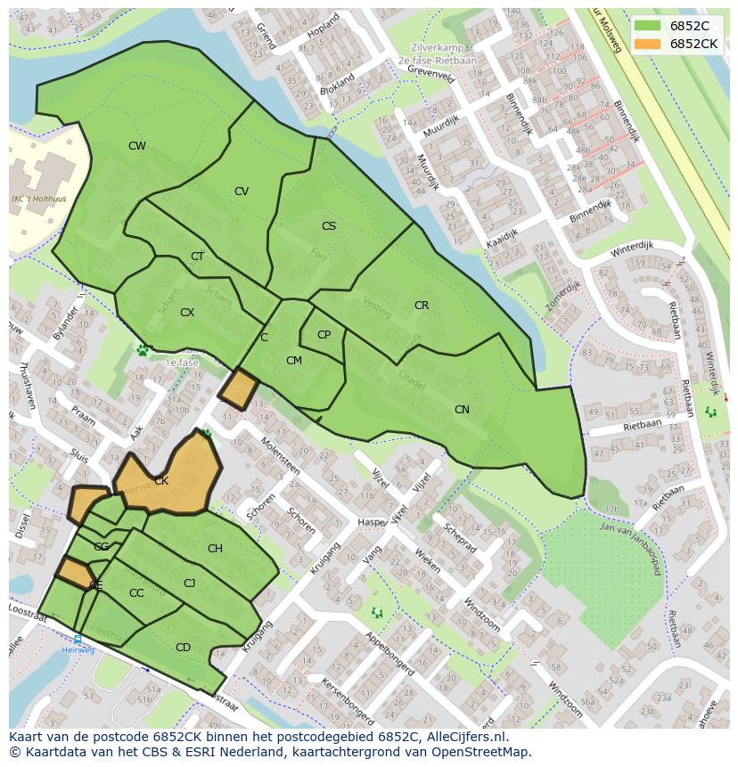 Afbeelding van het postcodegebied 6852 CK op de kaart.