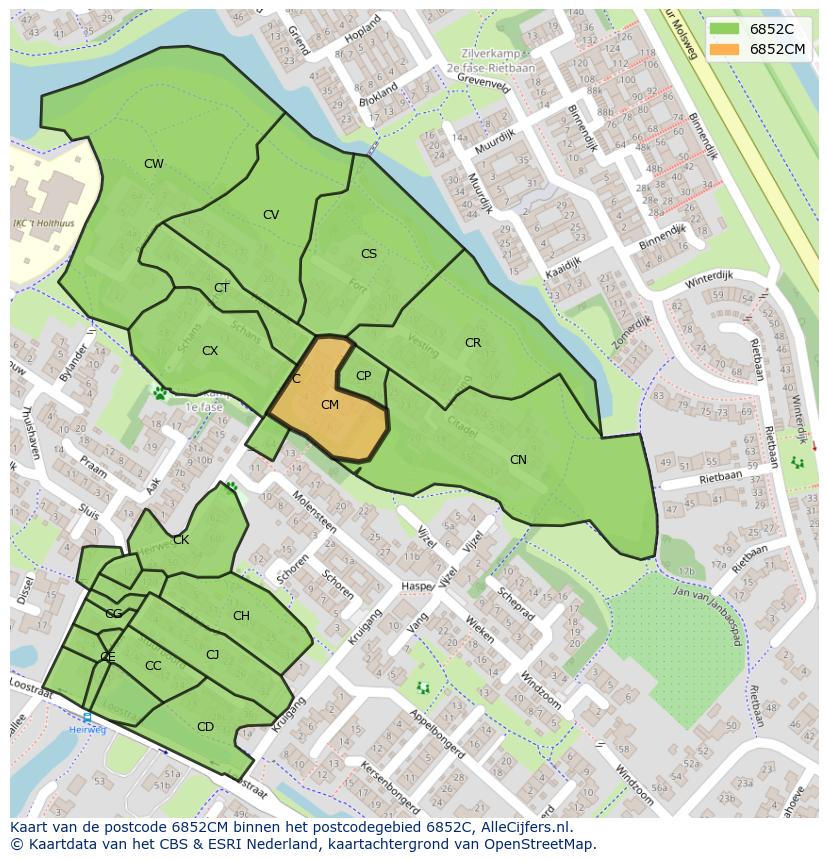 Afbeelding van het postcodegebied 6852 CM op de kaart.