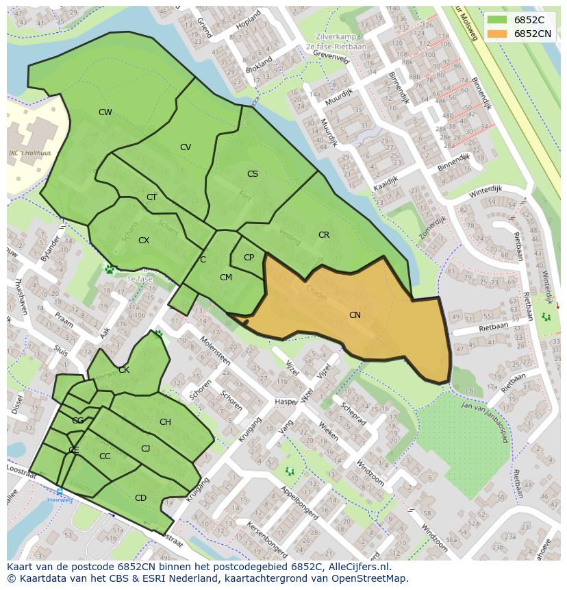 Afbeelding van het postcodegebied 6852 CN op de kaart.