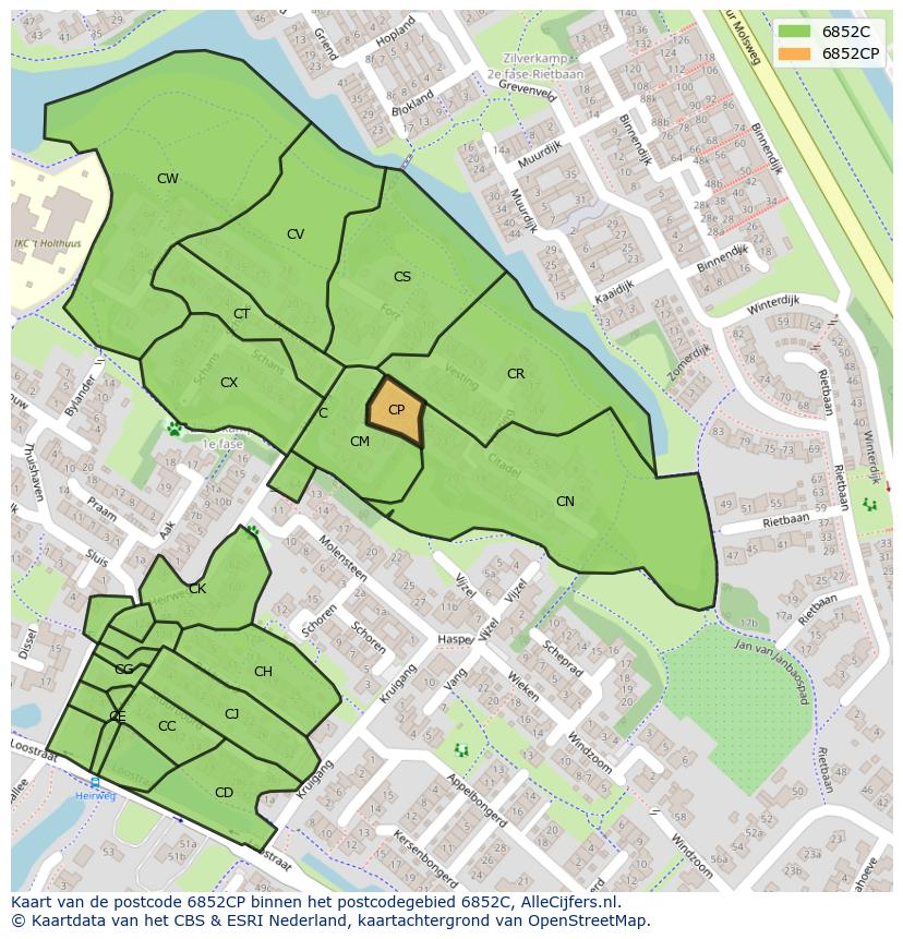 Afbeelding van het postcodegebied 6852 CP op de kaart.