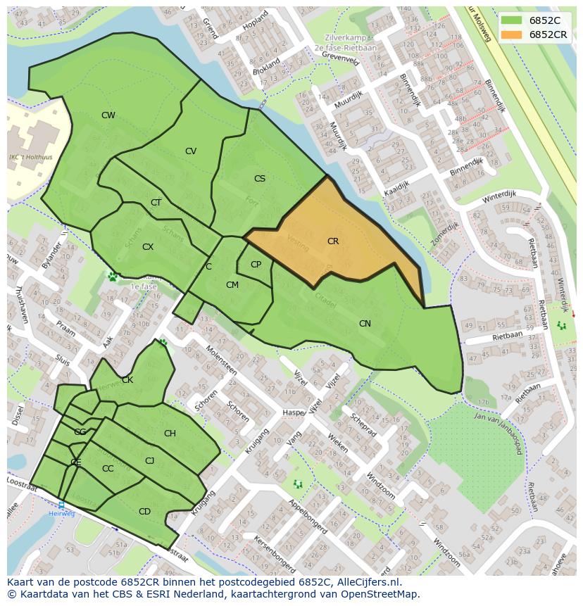 Afbeelding van het postcodegebied 6852 CR op de kaart.