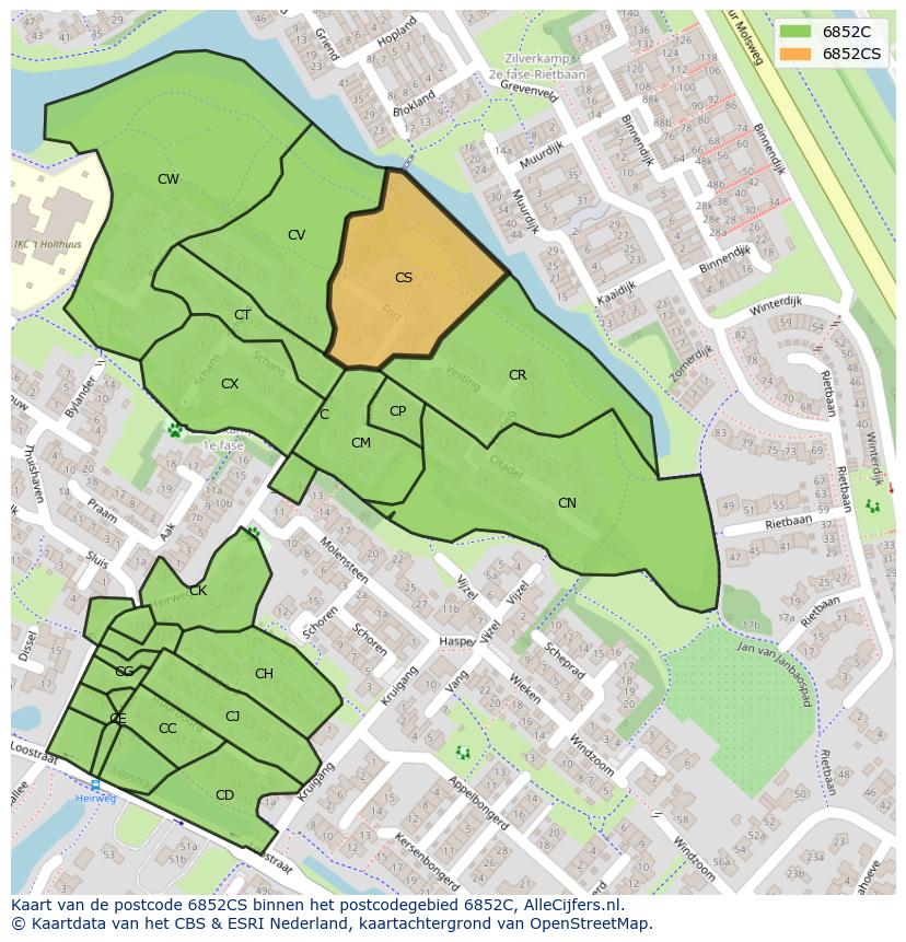 Afbeelding van het postcodegebied 6852 CS op de kaart.