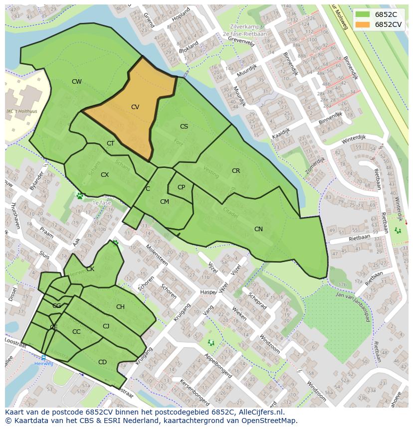 Afbeelding van het postcodegebied 6852 CV op de kaart.