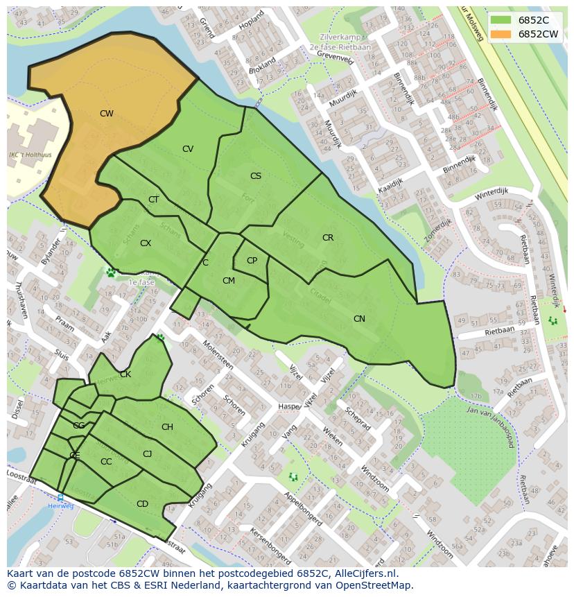 Afbeelding van het postcodegebied 6852 CW op de kaart.