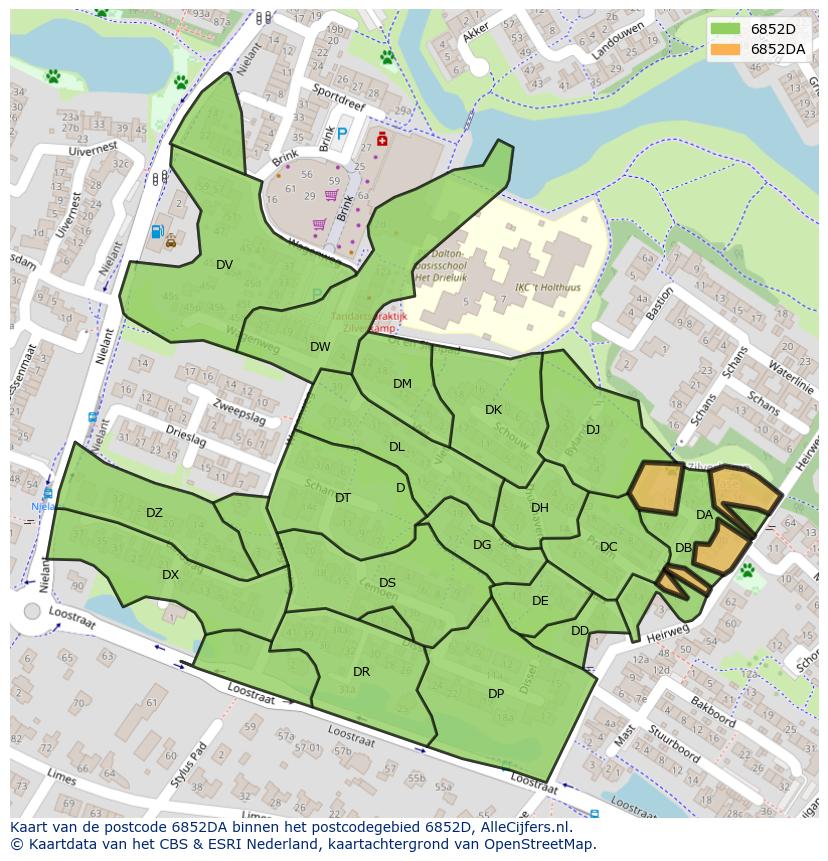 Afbeelding van het postcodegebied 6852 DA op de kaart.