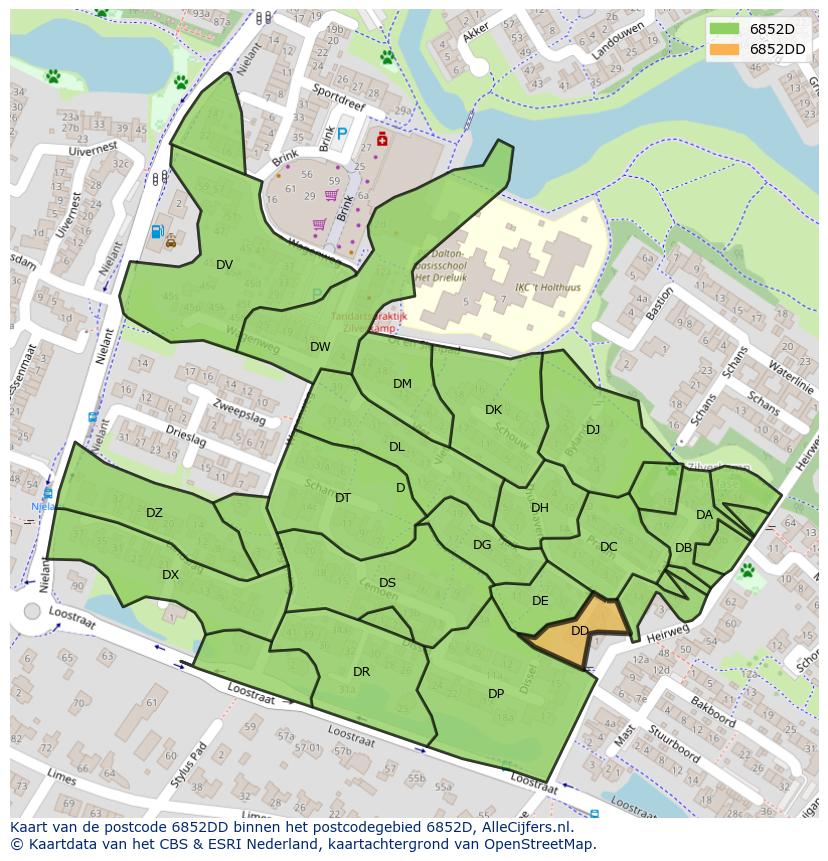 Afbeelding van het postcodegebied 6852 DD op de kaart.