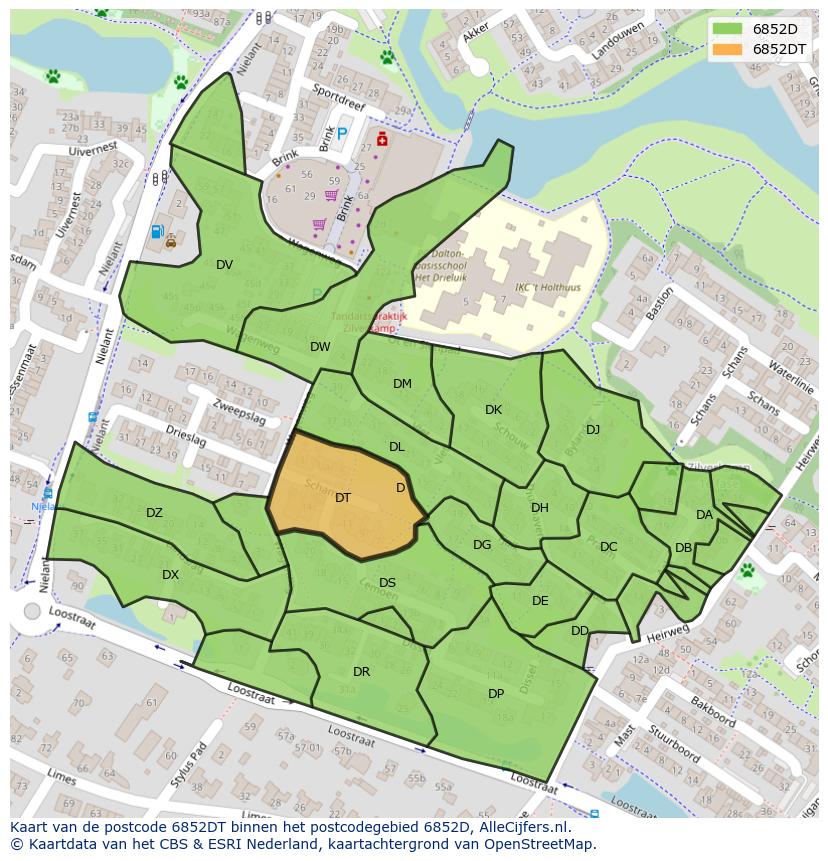 Afbeelding van het postcodegebied 6852 DT op de kaart.