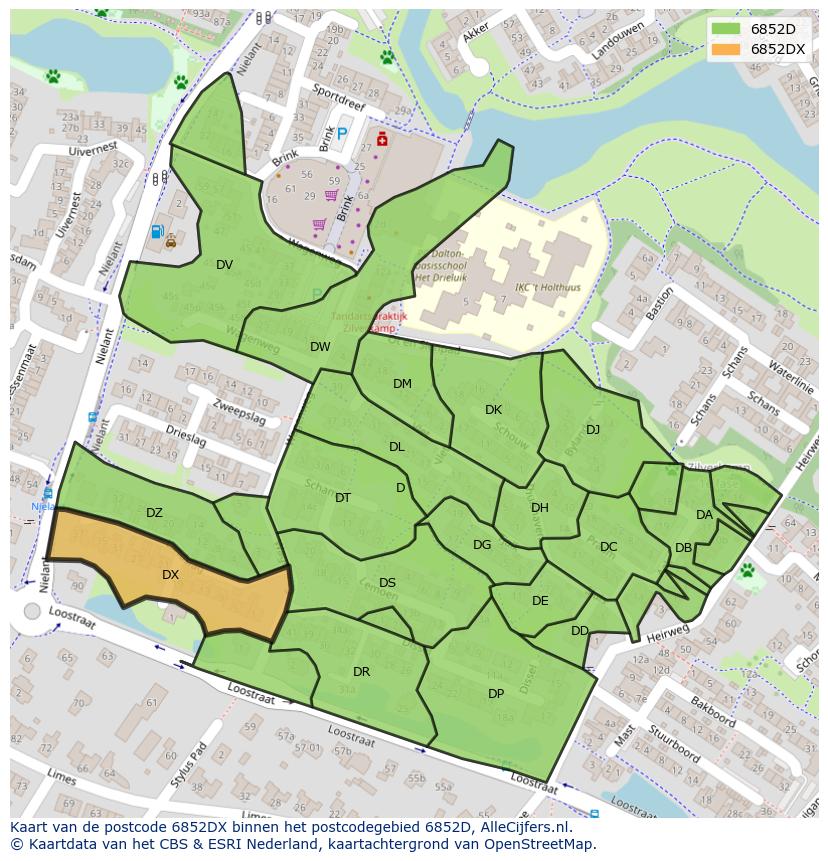 Afbeelding van het postcodegebied 6852 DX op de kaart.