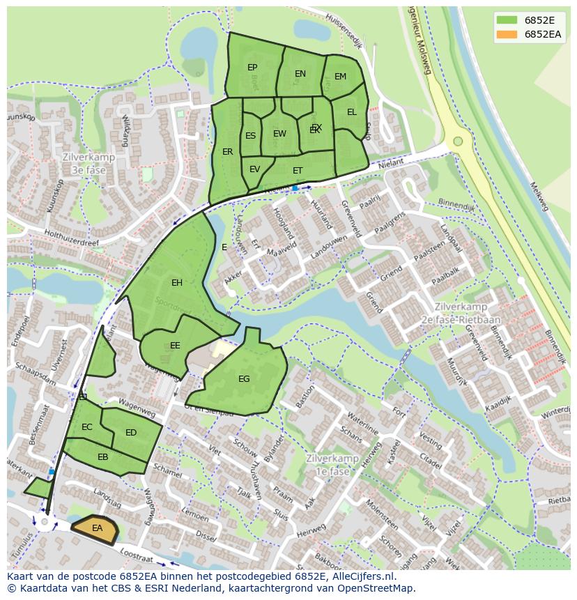 Afbeelding van het postcodegebied 6852 EA op de kaart.