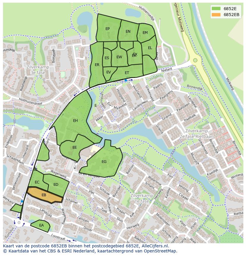 Afbeelding van het postcodegebied 6852 EB op de kaart.