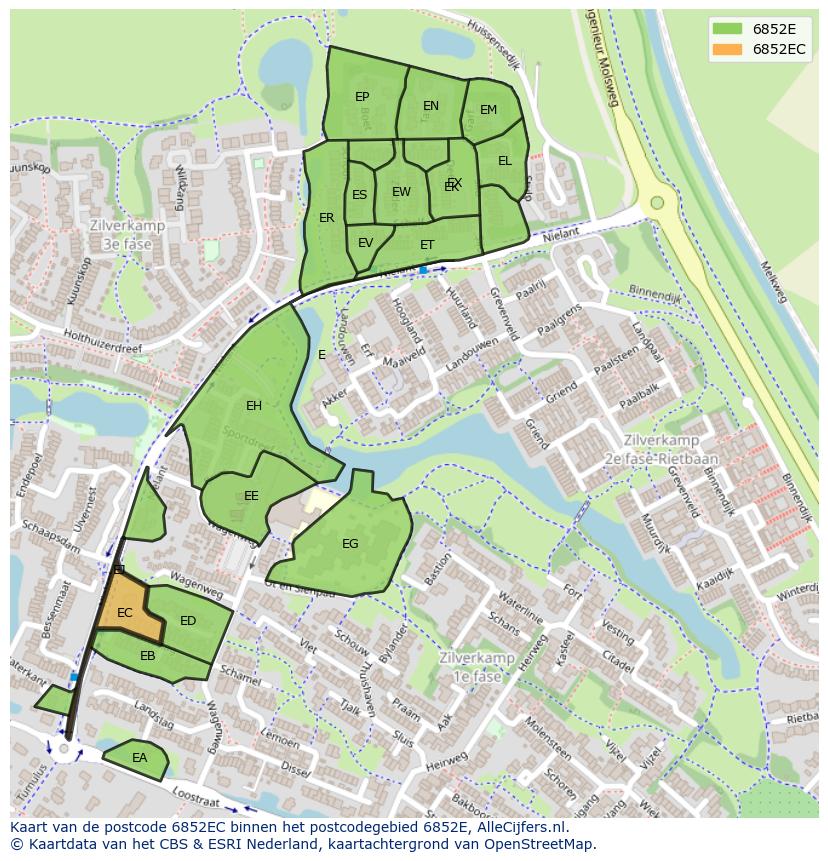 Afbeelding van het postcodegebied 6852 EC op de kaart.