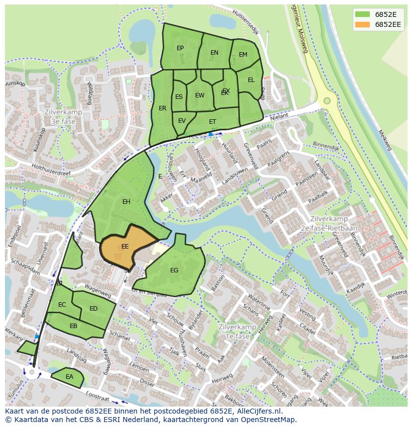 Afbeelding van het postcodegebied 6852 EE op de kaart.
