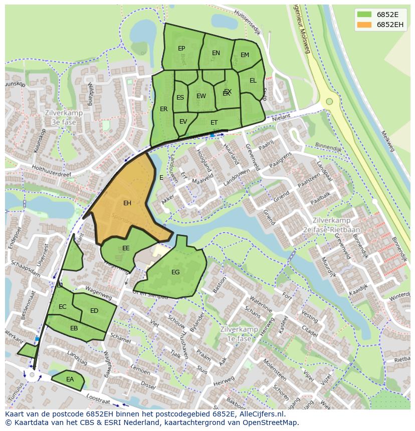 Afbeelding van het postcodegebied 6852 EH op de kaart.