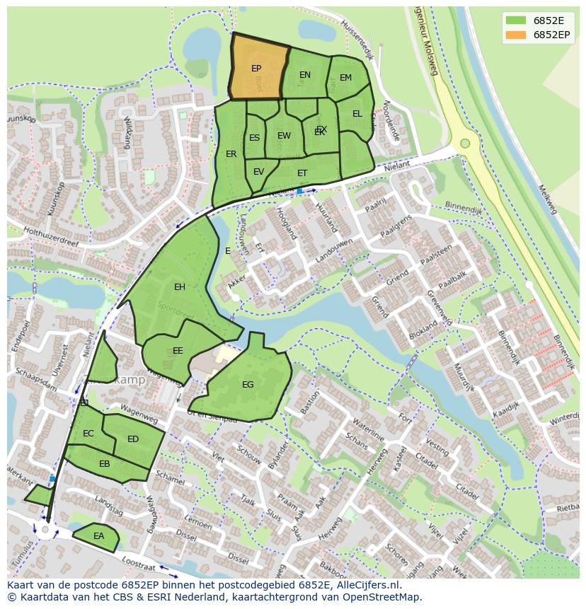 Afbeelding van het postcodegebied 6852 EP op de kaart.
