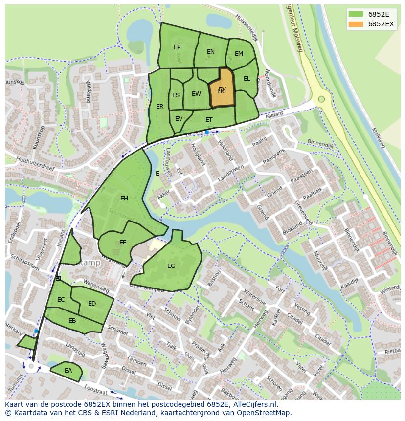 Afbeelding van het postcodegebied 6852 EX op de kaart.