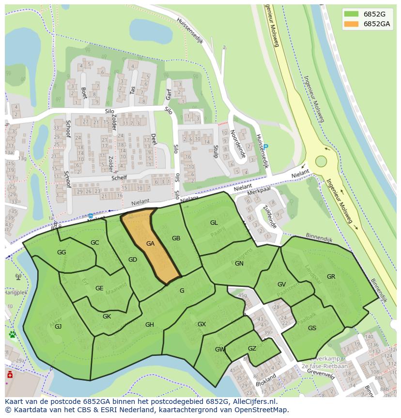 Afbeelding van het postcodegebied 6852 GA op de kaart.