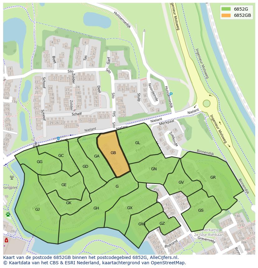 Afbeelding van het postcodegebied 6852 GB op de kaart.