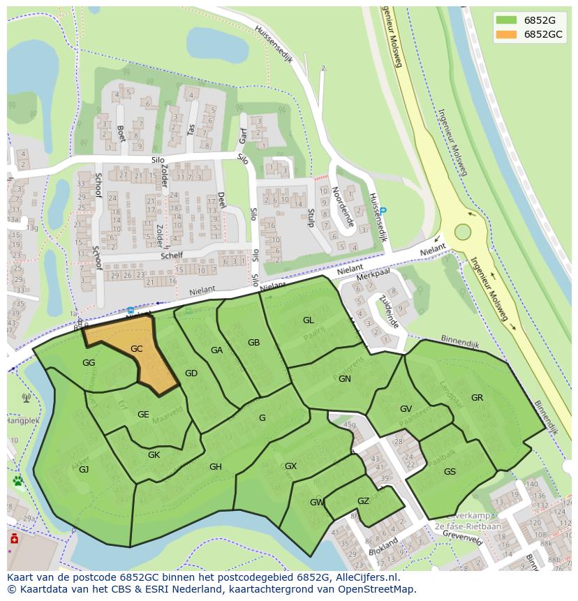 Afbeelding van het postcodegebied 6852 GC op de kaart.