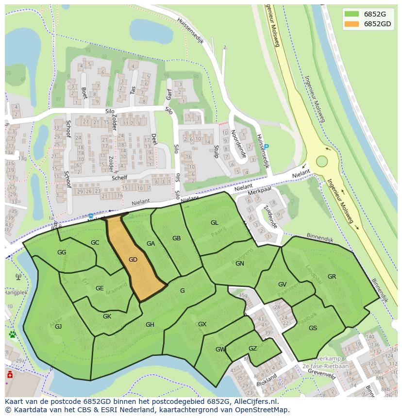 Afbeelding van het postcodegebied 6852 GD op de kaart.