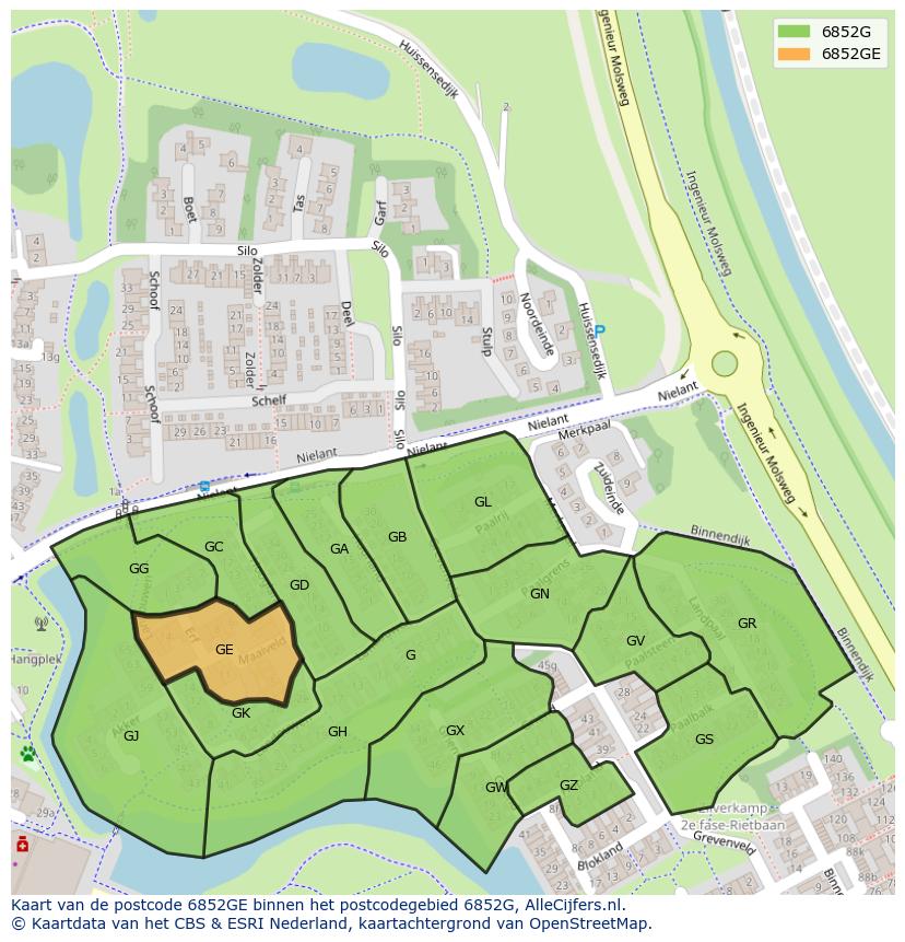 Afbeelding van het postcodegebied 6852 GE op de kaart.