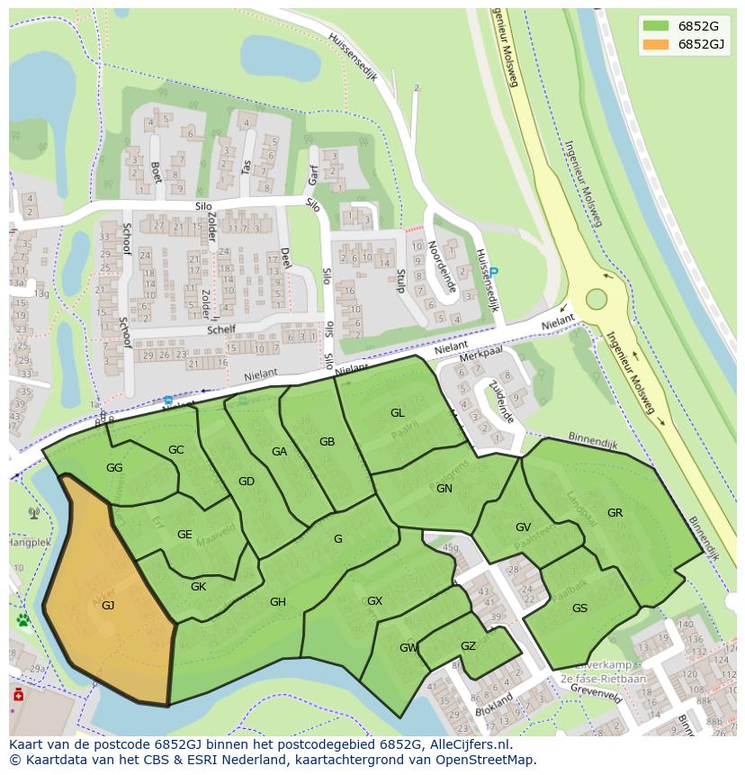Afbeelding van het postcodegebied 6852 GJ op de kaart.