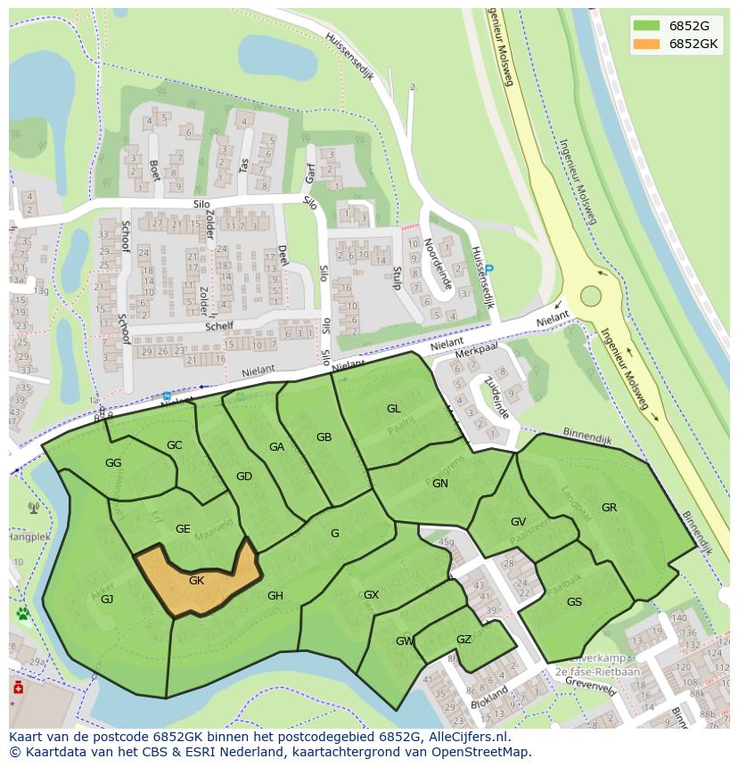 Afbeelding van het postcodegebied 6852 GK op de kaart.