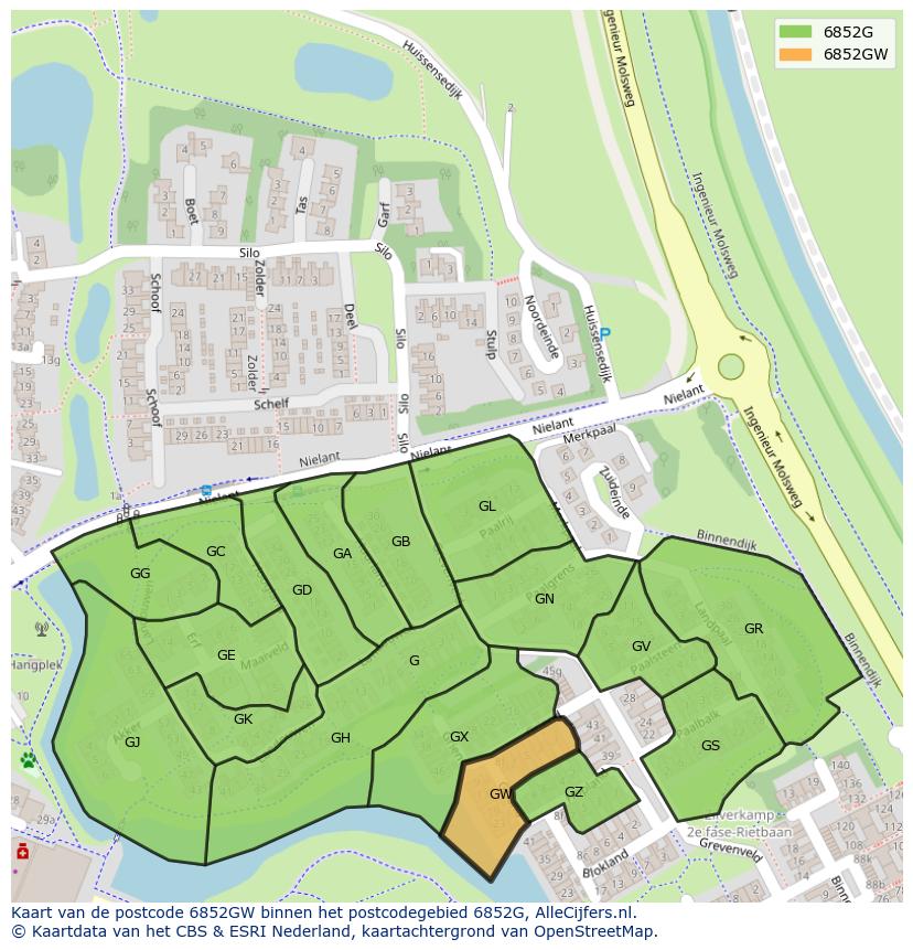 Afbeelding van het postcodegebied 6852 GW op de kaart.