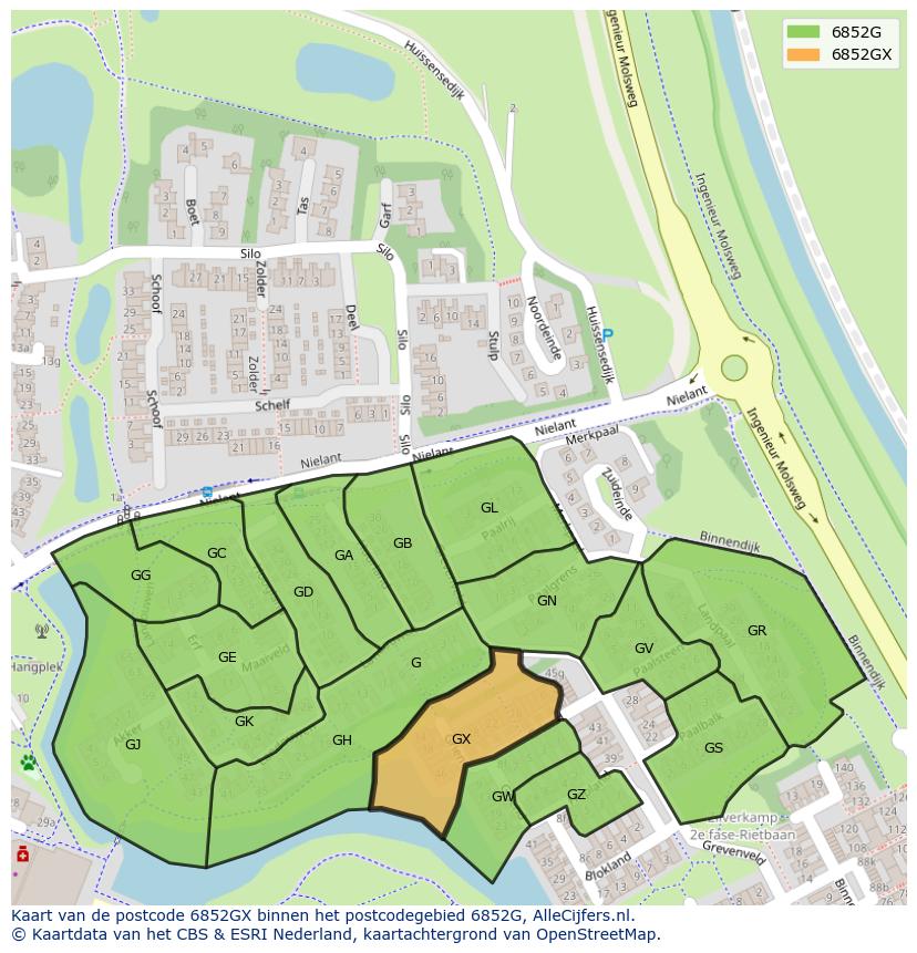 Afbeelding van het postcodegebied 6852 GX op de kaart.