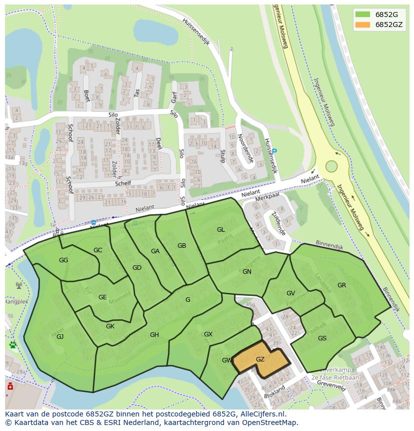 Afbeelding van het postcodegebied 6852 GZ op de kaart.