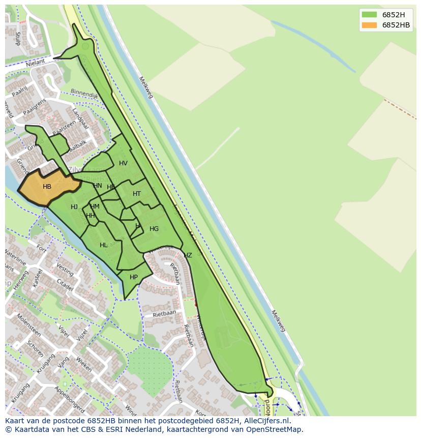 Afbeelding van het postcodegebied 6852 HB op de kaart.