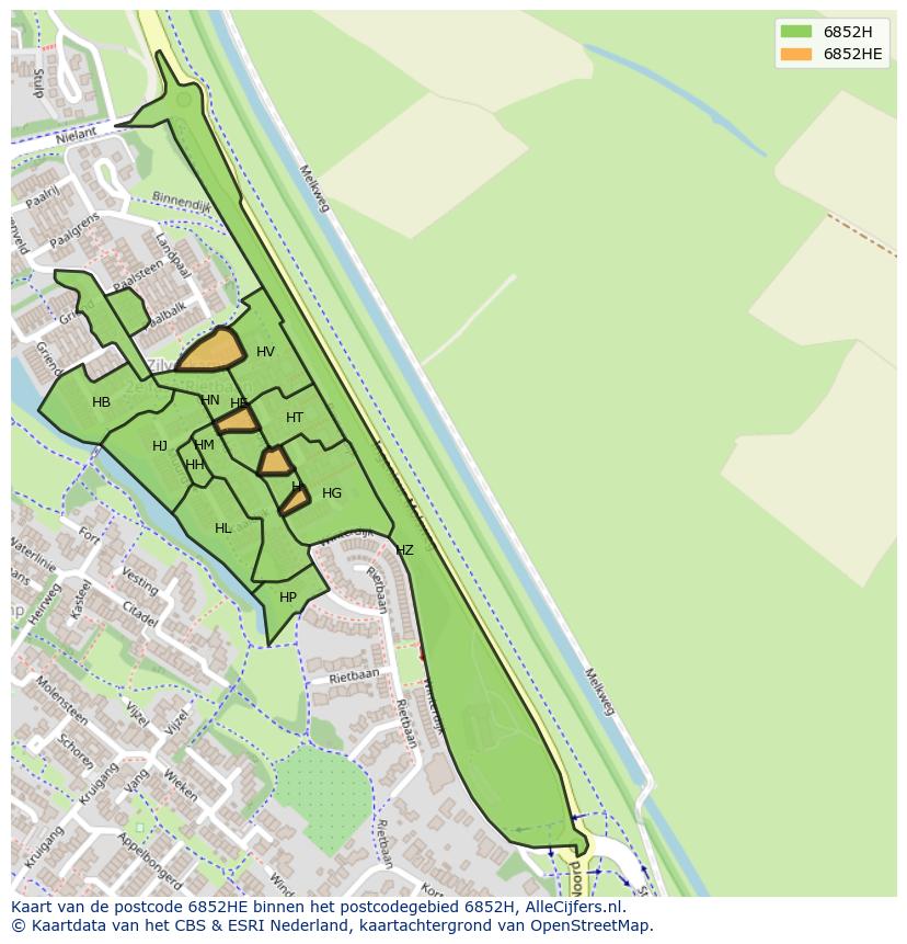 Afbeelding van het postcodegebied 6852 HE op de kaart.