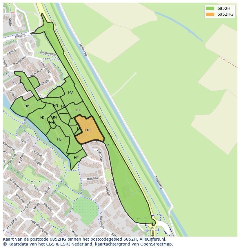 Afbeelding van het postcodegebied 6852 HG op de kaart.