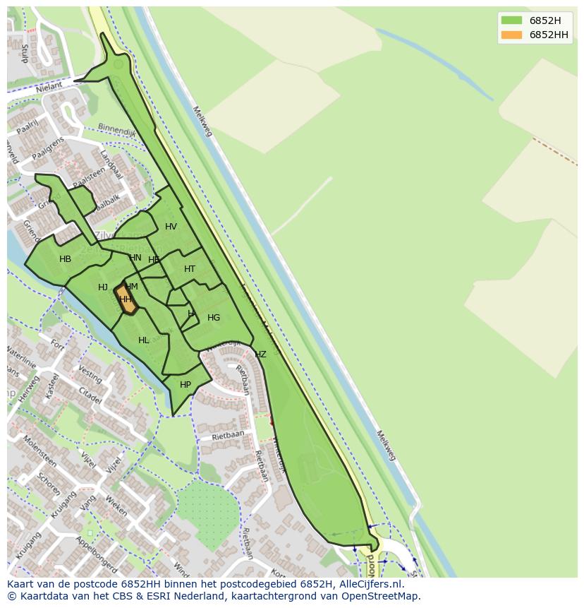 Afbeelding van het postcodegebied 6852 HH op de kaart.